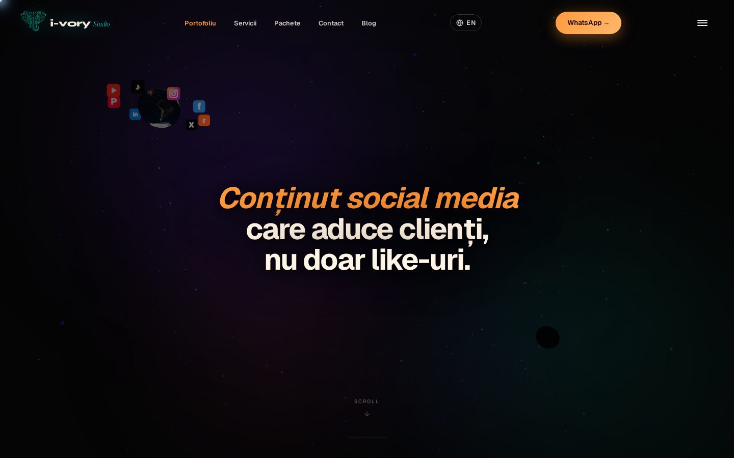 Site de prezentare i-vory Studio cu hero 3D și mesajul despre conținut social media care aduce clienți