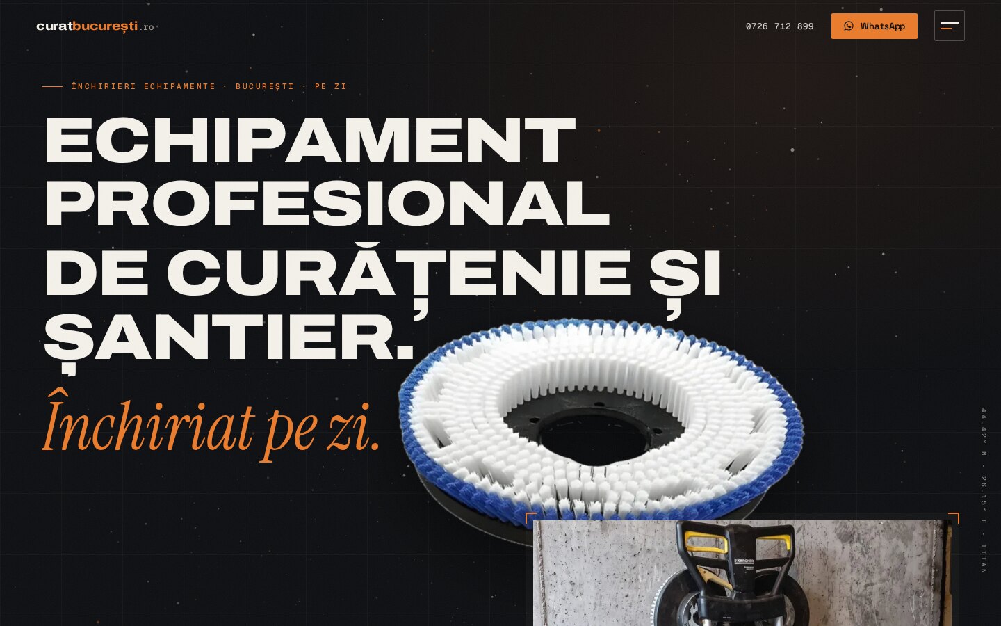 Landing page curatbucuresti.ro pentru închirieri de echipamente profesionale de curățenie în București, hero editorial cu perie de monodisc